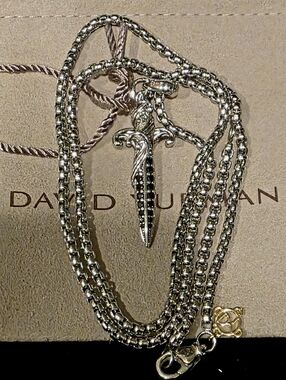 David Yurman Waves Dagger Amulet Pendant Necklace 925 Sterling&Black Diamond 20"